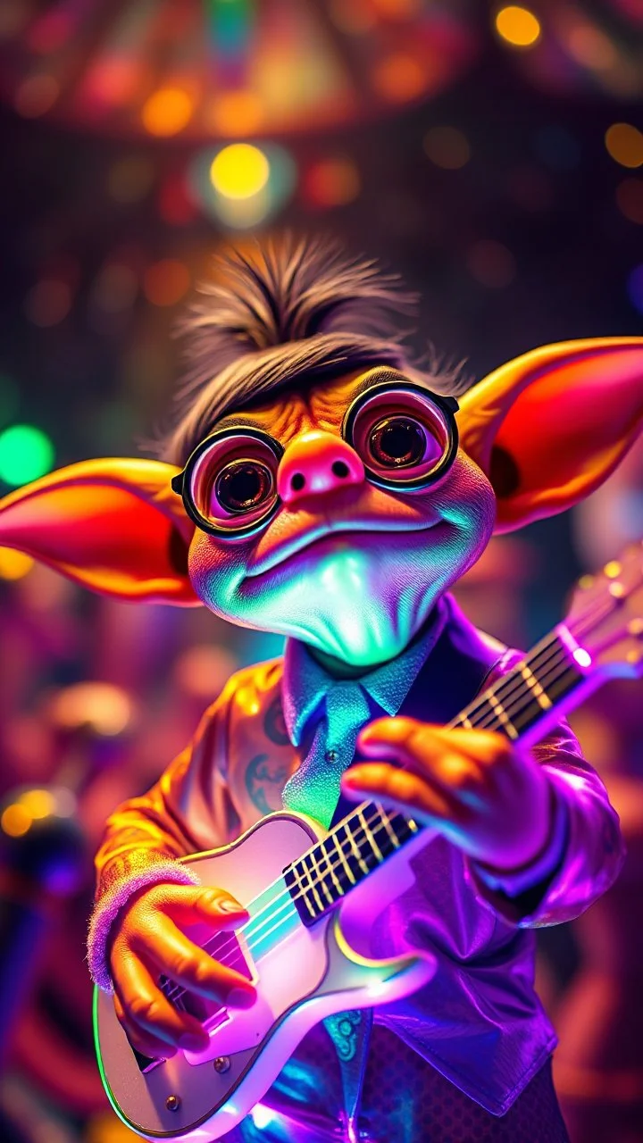 a psychedelic charming muppet show Mr Bean gremlin rock star with space laser transparent prismatic synth the style of Escher, bokeh like f/0.8, tilt-shift lens 8k, high detail, smooth render, down-light, unreal engine, prize winning