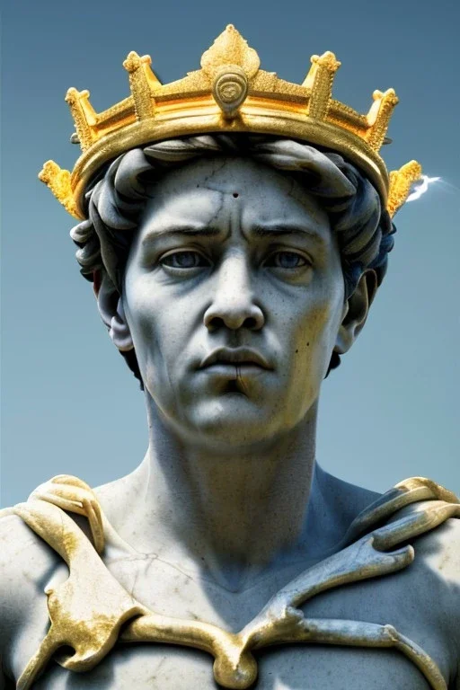 Ultra Realistic image, classic sculpture, white marble material, Maradona, gold crown of natural thorns, god crown, gold veins, gold ornaments, Renaissance style, sun rays background, waist up portrait, epic, celestial, cinematic lighting, God lights, 4k resolution, smooth details, soft lighting, unreal engine 5, art station, substance 3d.