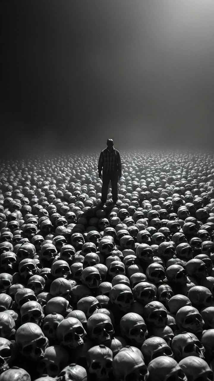 Bosch nightmares paining style Title:a field of small human skulls all colored in black and white, a shadow of man standing in the middle, 8k artistic photography, photorealistic concept art, soft natural volumetric cinematic perfect light, chiaroscuro, award-winning photograph, masterpiece, oil on canvas, Raphael, Caravaggio, Greg Rutkowski, people, beksinski, Giger