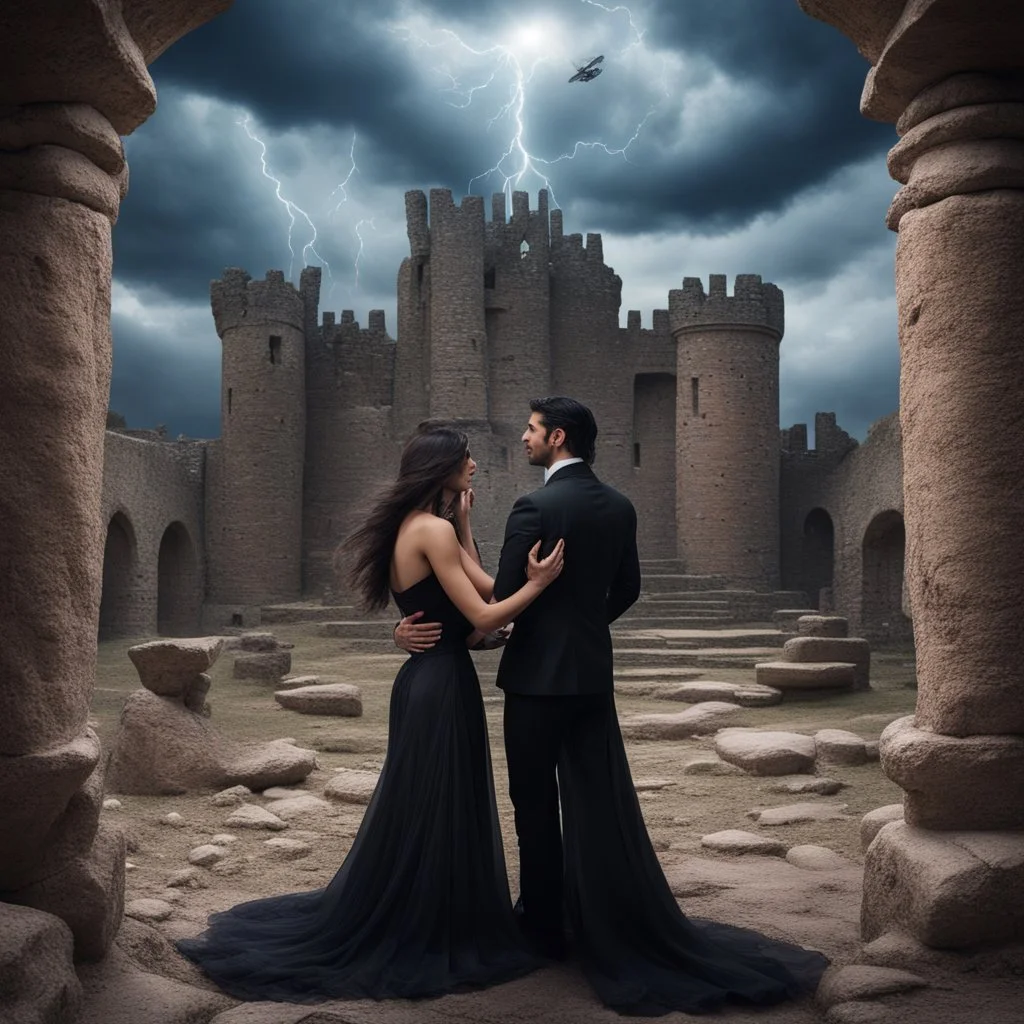 Hyper Realistic photographic-view of an extremely-Handsome-Muscular-Man In Black-tuxedo & beautiful-woman-with-long-black-hair-&-black-gown both-getting-romantic in the middle of an ancient-prehistoric-castle-ruins with wedding-setup & UFOs on cloudy-maroon-sky with thunderstorm giving it a dramatic & cinematic ambiance