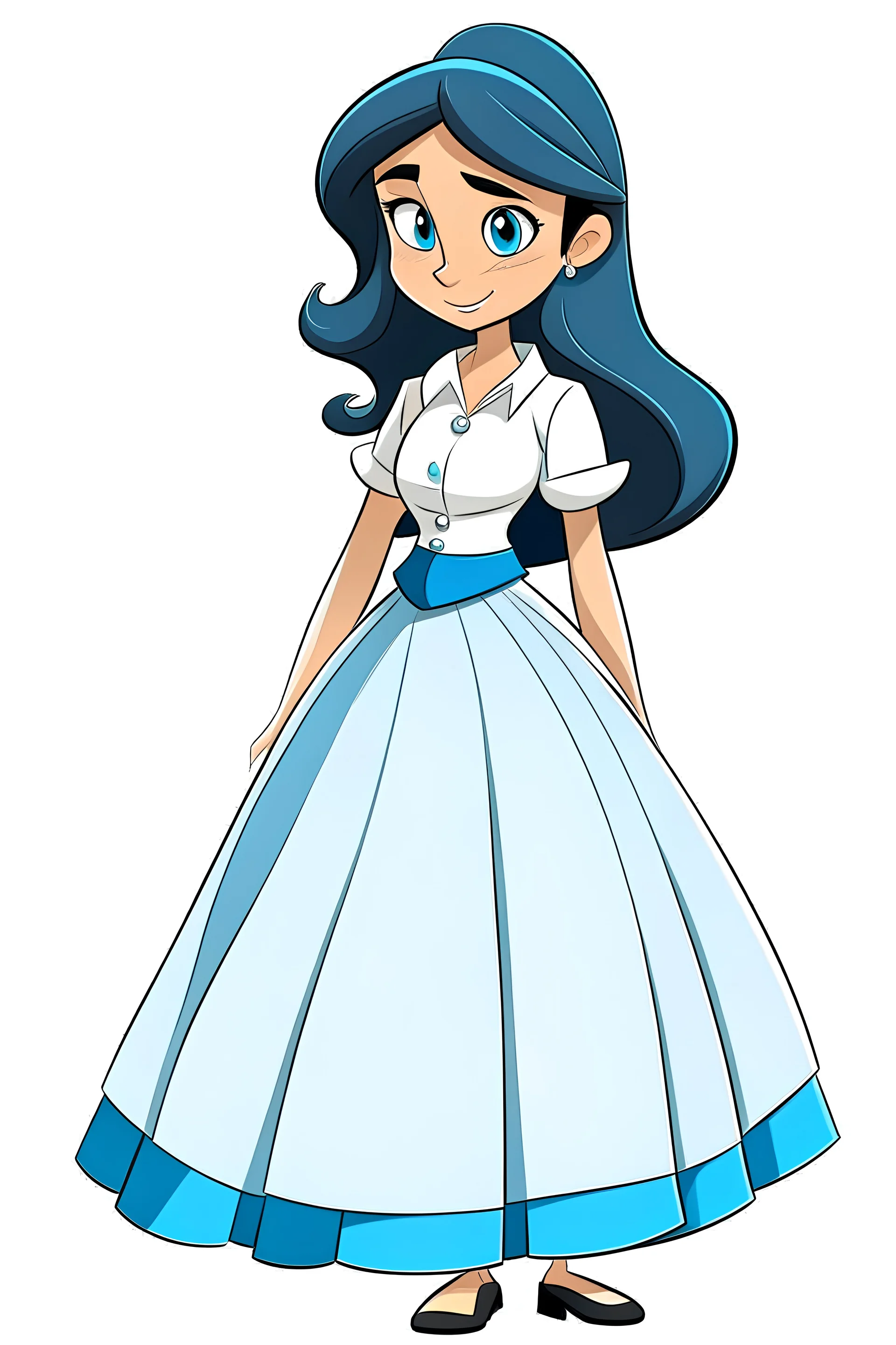 Design of a cartoon character wearing a long blue skirt and a white shirt, her long, thick and soft black hair, and her skin color is white.