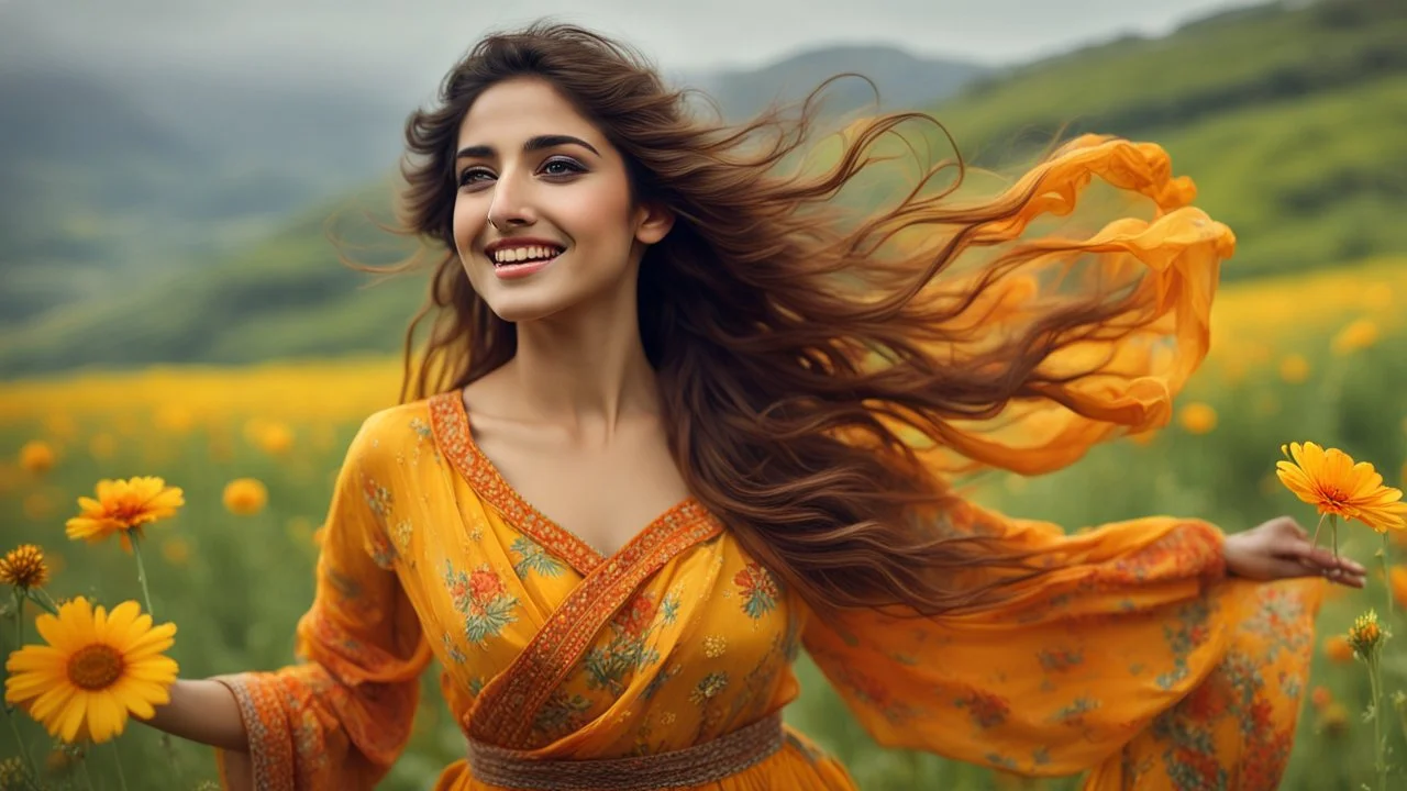 Hyper Realistic Photographic Close-Up View Of A Beautiful Young Pashto Woman With Beautiful Eyes Lips & Nose (Wearing Beautiful Yellow Frock With Orange Floral Patterns On It Her Beautiful Long Hair Whirling In Air) Happily Whirling & Smiling On Grassy-HillTop With Yellow-Flowers & A Valley Down, At Cloudy Weather With Heavy Rainfall Showing Dramatic & Cinematic Ambiance.