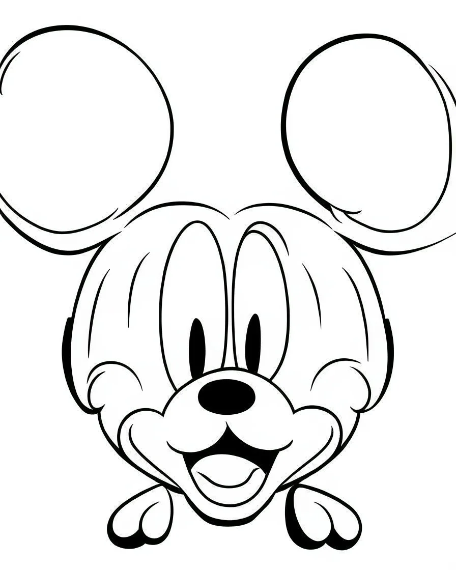 outline art for Mickey Mouse face coloring page, Japanese manga style, cartoon style, cute face, white background sketch style, full body is a must, only use outline, clean line art, no shadow, bold outline