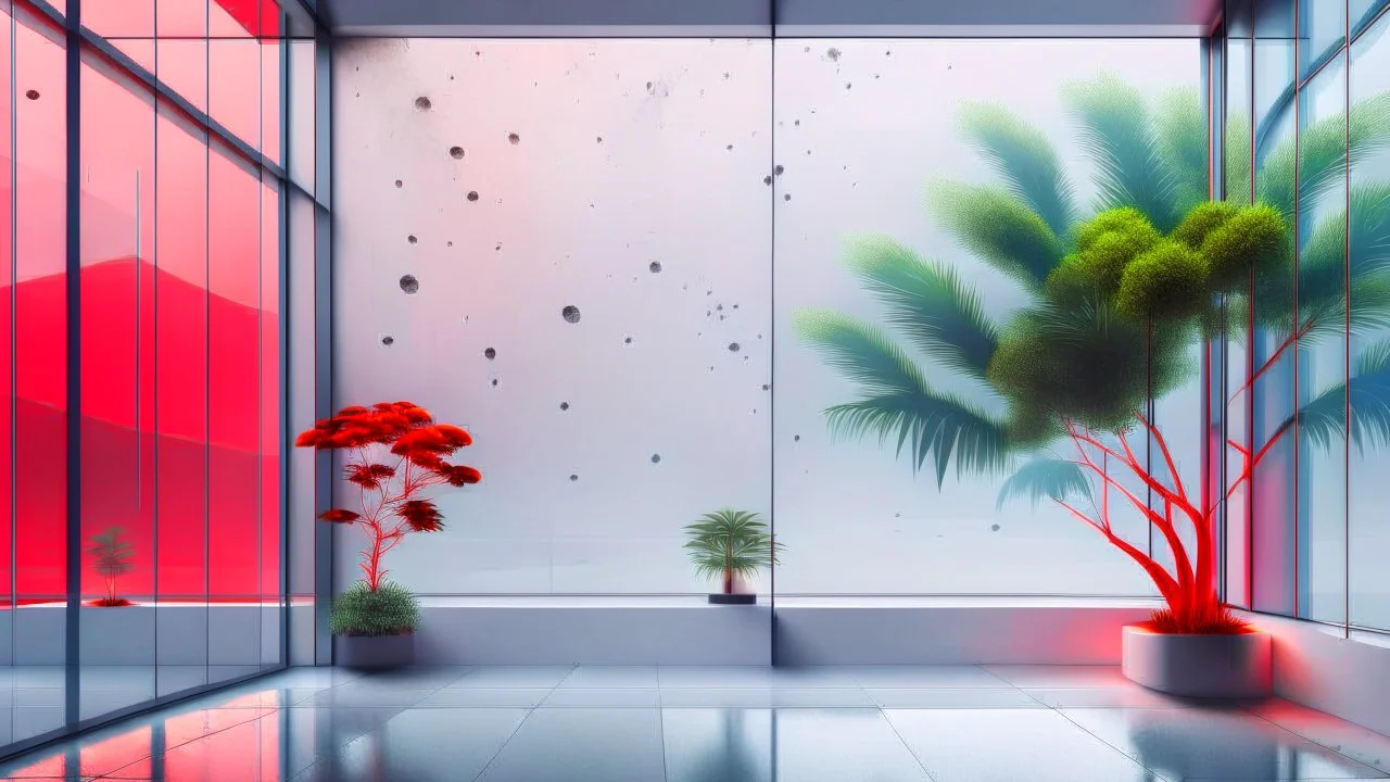 Minimalist background for video calls. Mostly grey with some red. Serene, futuristic, with a very wide window and with some plants outside.