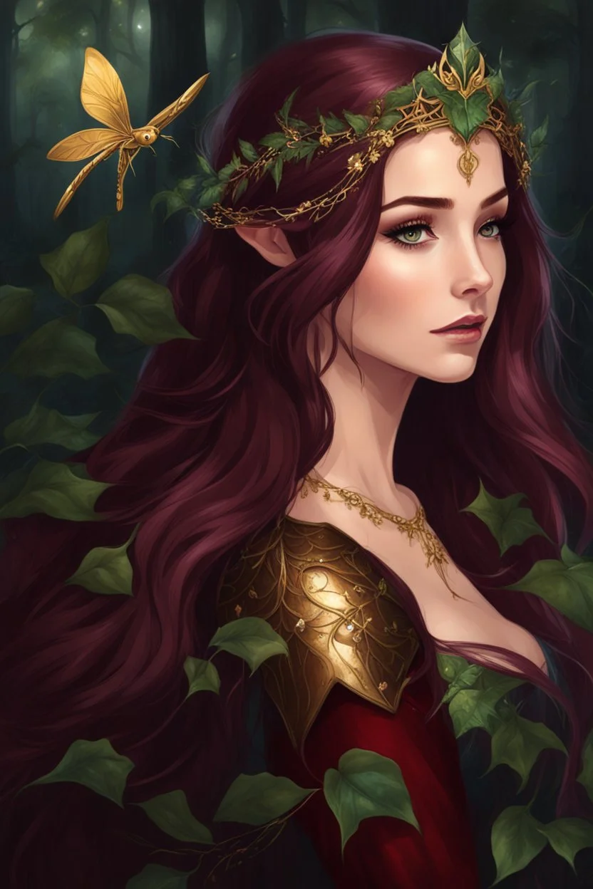 Burgundy hair, dark hair,dark red , rapunzel hair,very long hair,dark fairy princess,elven crown,night,dragonflies,beautiful,ong ashes,golden armor ,sparkle,night blooming,ivy,dark green,lilly of valley,golden elven crown,elven warrior,dark gold armor