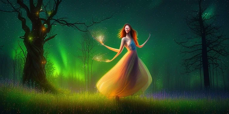 beautiful lady, dancing in a enchanted forest at nite, fotorealistic, high quality, landscape, fireflies, aurora borealis