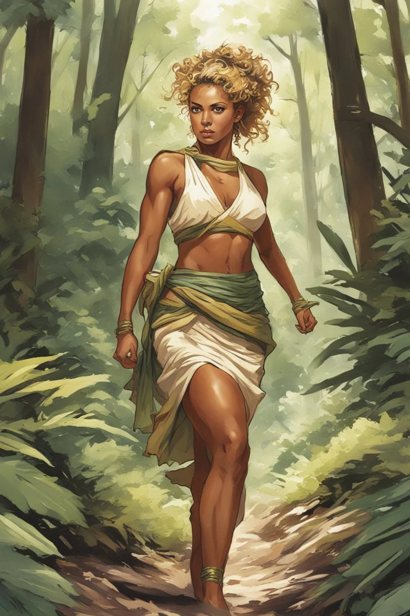 Drawn by Tradd Moore, colored by Heather Marie Lawrence Moore for Lean and muscular, skin tanned nearly bronze greeck girl tracking through the forest and brush. Showing her mini-skirt. Blonde Curly hair in a messy bun and severe look, wearing greek toga .