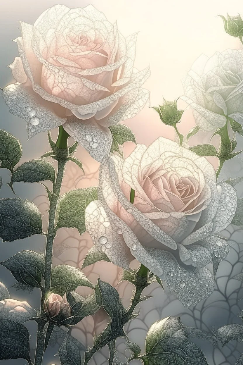 rose flowers,delicate petals,natural light ,sunlight,dew,fine ink drawing,landscape,fog,lots of details,realistic,high quality,3d, work of art,hyperdetalization,professionally,filigree,hazy haze,hyperrealism,transparent,delicate pastel tones,back lighting,contrast,fantastic,unreal,translucent,glowing,clear lines,horror,epic,fabulous,fabulous landscape