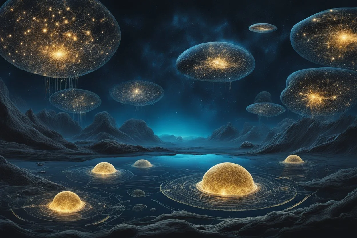 Bioluminescence Amoebae creatures floating unter the dark blue water with inside microchips, dark sky, nebulas, meteor, Dark Night. Bioluminescent world wide web with sparkling gold particles, etheraly, biotech, fantasy art, science fiction, perfect focus, high contrast, ultra quality, cinematic