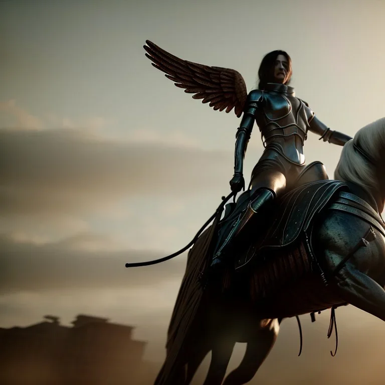 angel of death riding a horse, dystopian, 4k, 8k, highly detailed, cinematic, ultra photorealistic, ultra realistic, volumetric lighting