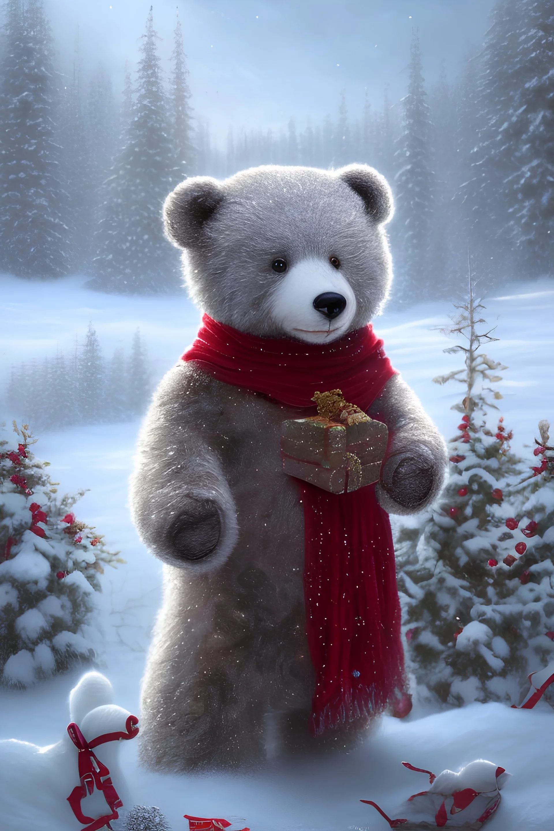 a cute Christmas teddy bear with a highly detailed meticulously detailed and a red winter pull and scarf, black in the background, digital painting, artstation, art by Lisa Frank, artgerm, Greg Rutkowski, William-Adolphe Bouguereau, renaissance, Unreal Engine 5