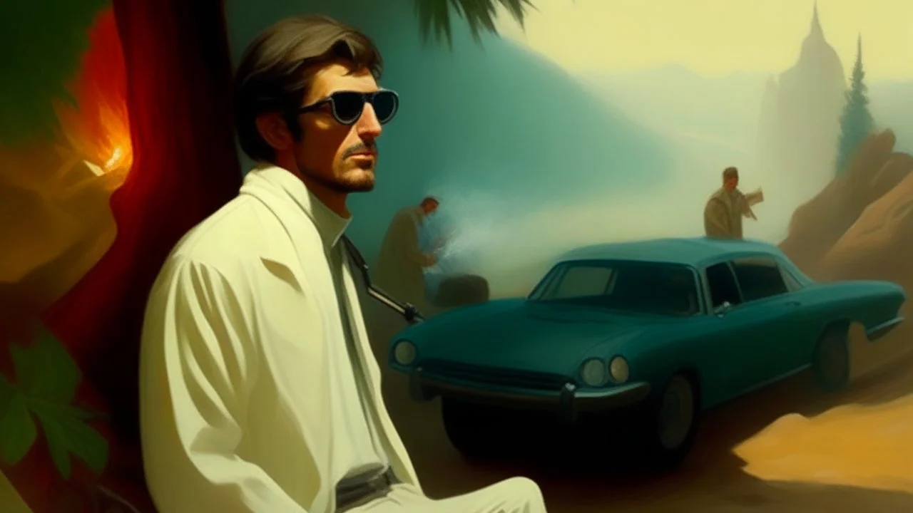 takistan life, scene oil painting. dr arab cover 1970, closeup dnd style. sunglasses. woods mist. smoking weed. lawrence of arabia. car race.