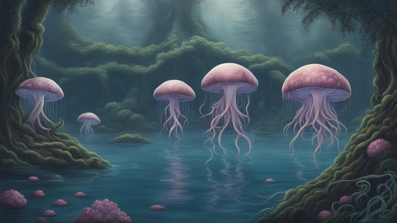 floating alien mushrooms with jellyfish tentacles, rampant foliage, and vines, next to a lake, photorealistic, Intricate Detail"