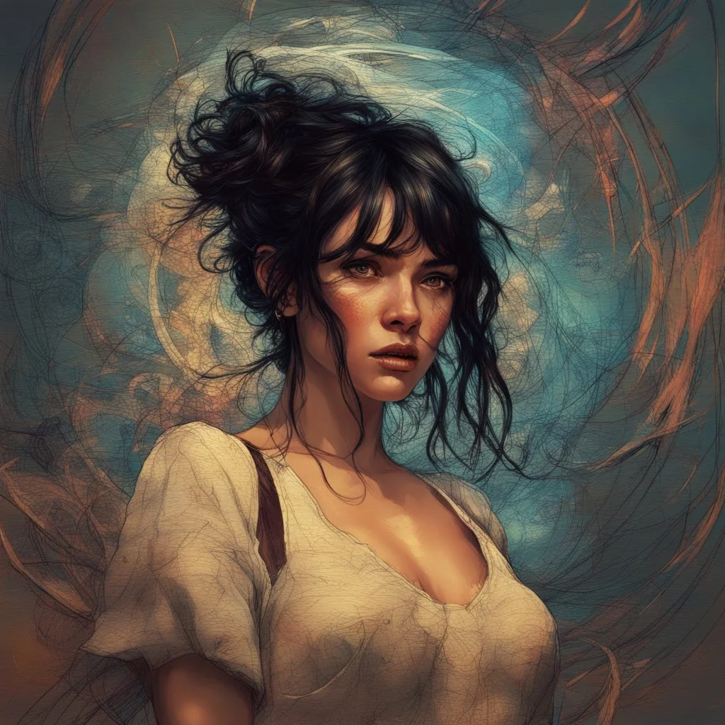 Beautiful woman with black hair, large bosoms, WLOP, Carne Griffiths, Pixar, Norman Rockwell, intricately detailed concept art, 3d digital art, bright colored background, cinematic, Reimagined by industrial light and magic, 8k processing", Lou Xaz