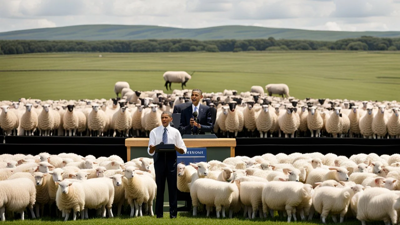 barack obama at podium speaking to large field of sheep