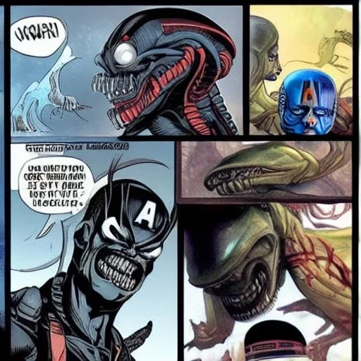 crossover between alien xenomorph and captain America