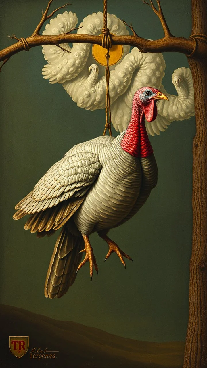 Hieronymus Bosch style , a turkey is hanged by the try trajectory