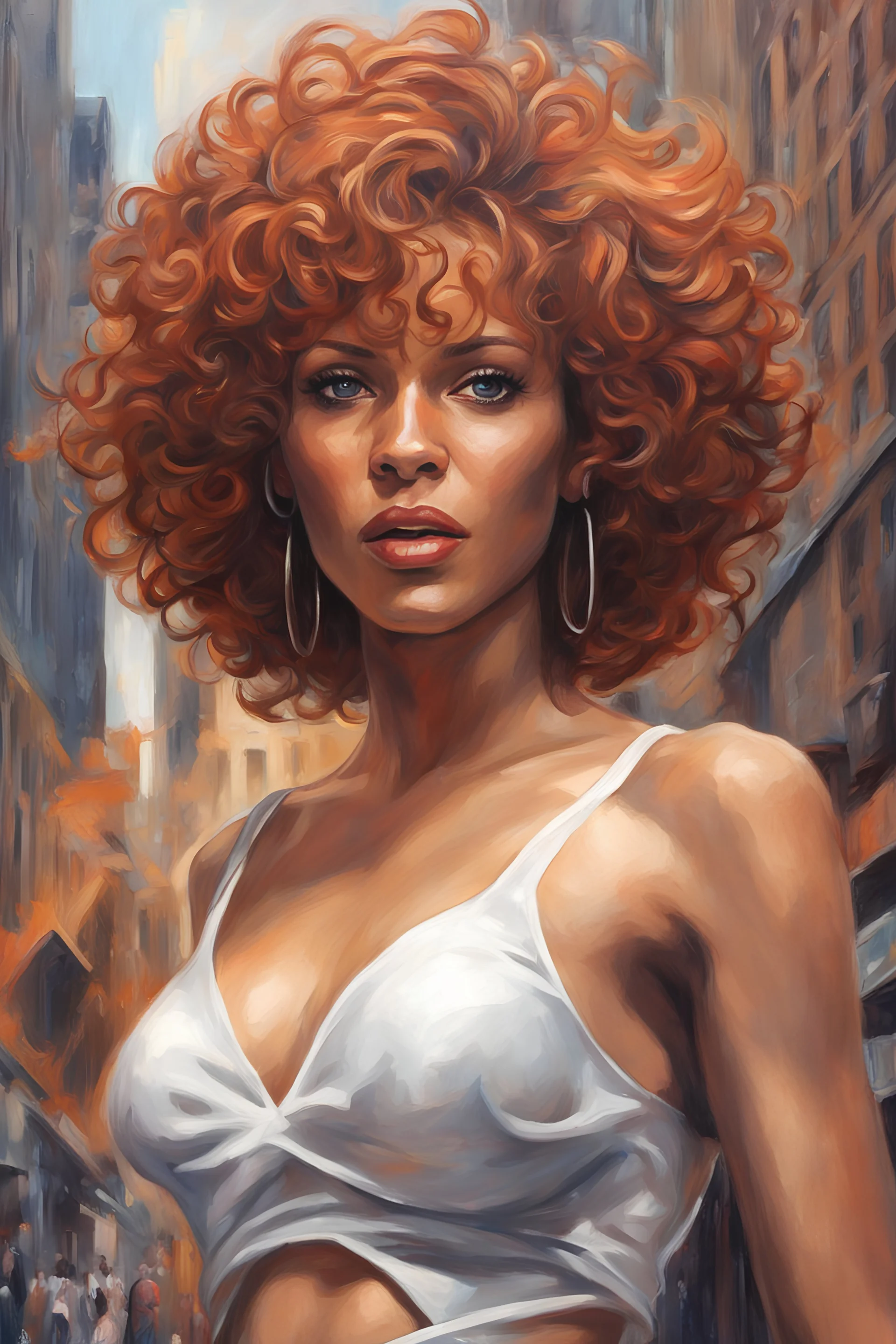 girl Ginger hair Whitney Houston render eye candy oil paiting In depth New York City detailed render eye candy breathtaking Greg Rutkowski, Artgerm, WLOP, Alphonse Much style erect bombshells Pop Art psychology oil paiting In depth psychology display in the background