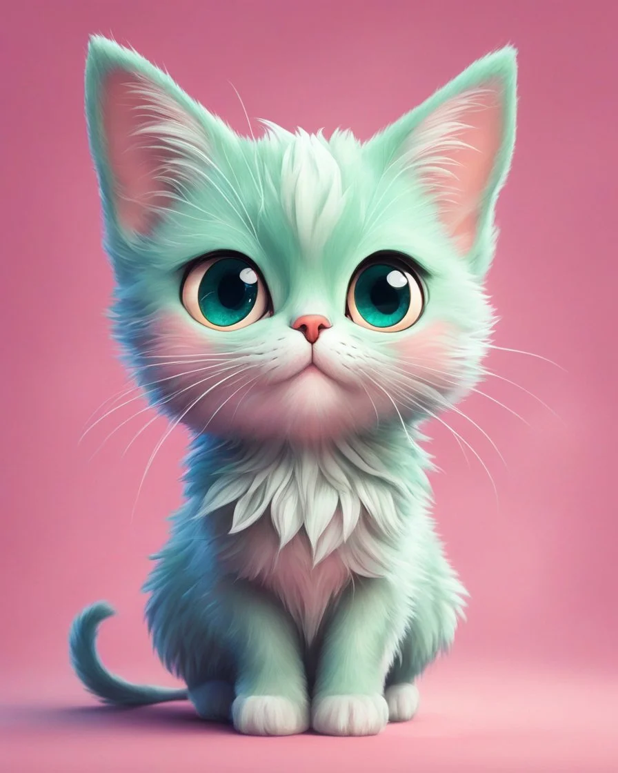 A delightful and adorable cartoon illustration featuring a cute mint-colored cat against a charming pink background, (delightful illustration:1.4), (adorable cartoon cat:1.5), (charming pink background:1.3), (expressive mint hues:1.2), inspired by the styles of cute cartoon artists, trending on ArtStation, Intricate, Sharp focus, vibrant lighting, (whimsical:1.4), (playful ambiance:1.3), (lush fur details:1.5), Cartoon, Masterful, Captivating, High Detail, Cinematic view