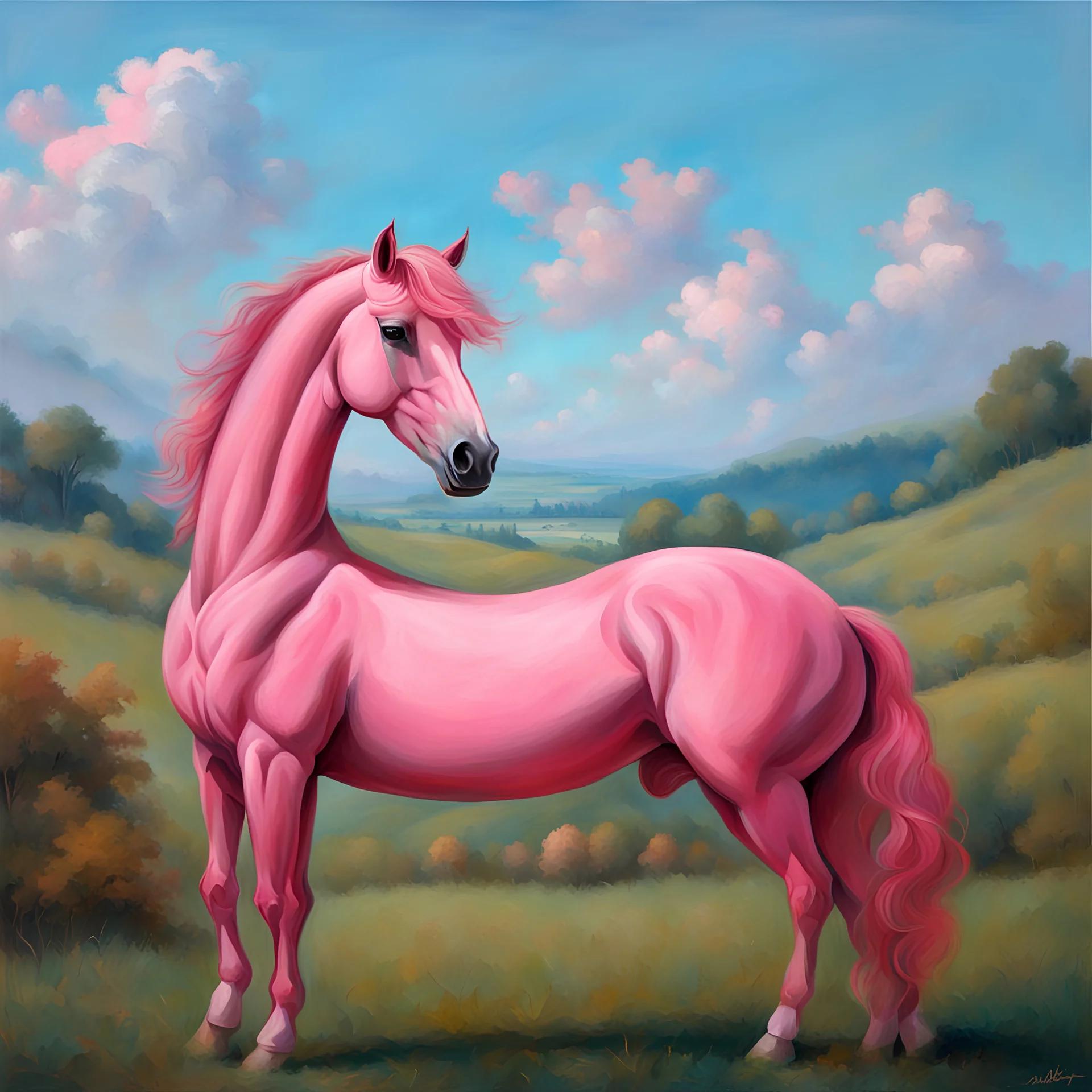 a pink horse like a 19th painting