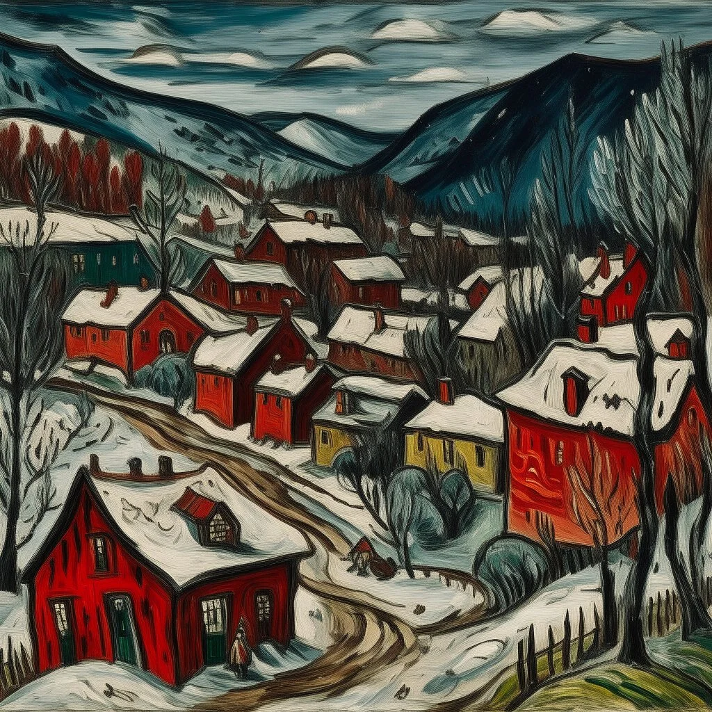 A dark red Transylvanian village in winter painted by Vincent van Gogh