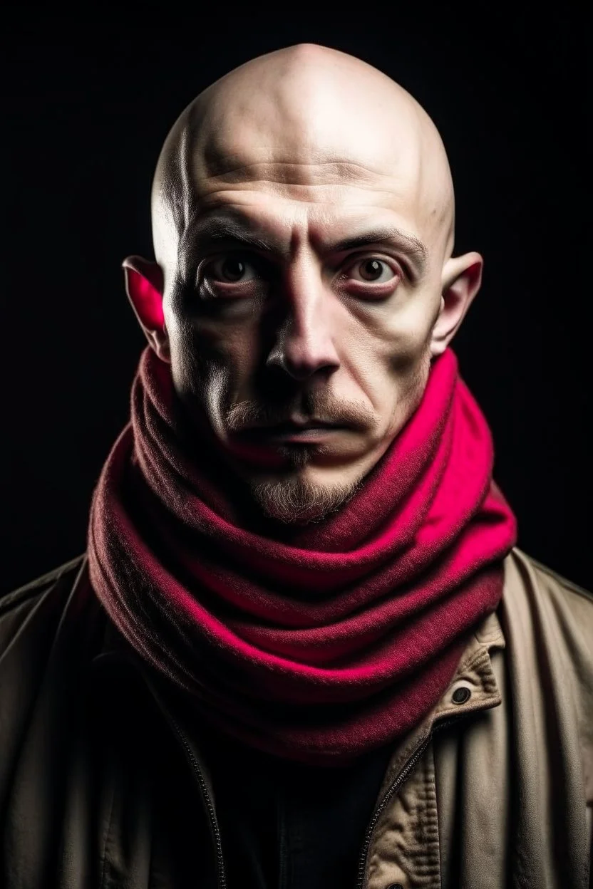 Portrait of a young man, bald, fiercy look, with a long scarf Who cover his mouth and a mask in his eyes
