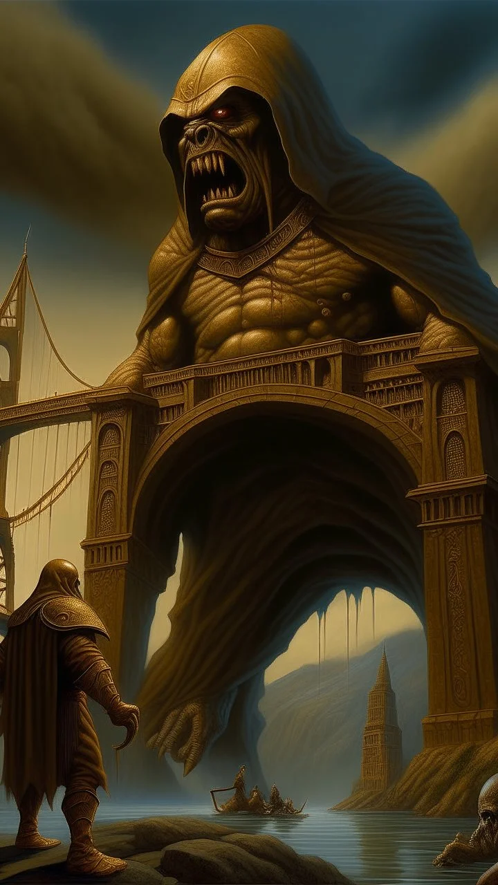 Bosch nightmares paining style Title:the angry giant hooded creature standing tall bigger than San Francisco golden bridge , 8k artistic photography, photorealistic concept art, soft natural volumetric cinematic perfect light, chiaroscuro, award-winning photograph, masterpiece, oil on canvas, Raphael, Caravaggio’s, Greg Rutkowski, people, beksinski, Giger