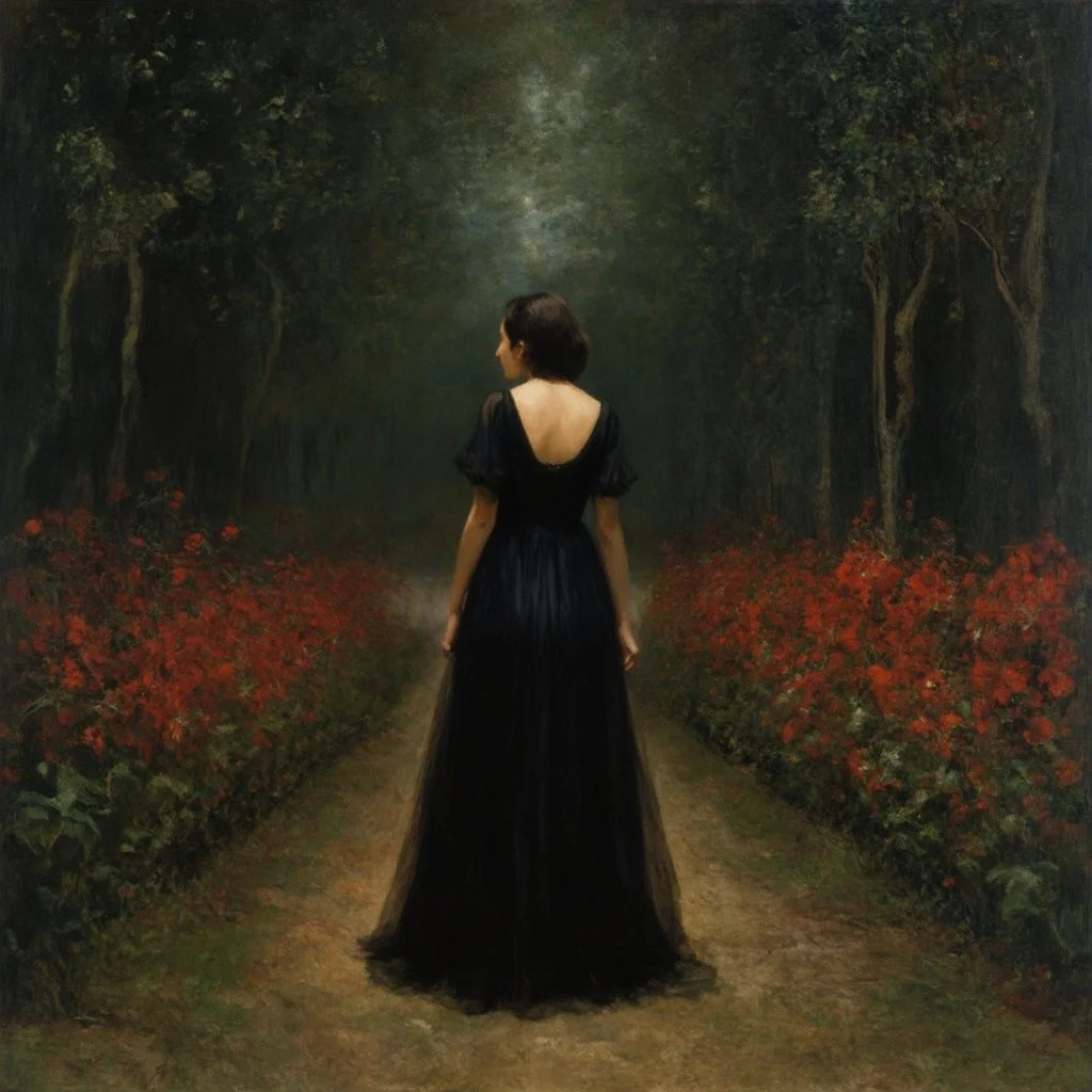 Night, one woman in black dress from behind at left, forest, red flowers, vegetations, creepy, gloomy, gothic dark influence, gustave caillebotte paintings, and konstantin korovin paintings