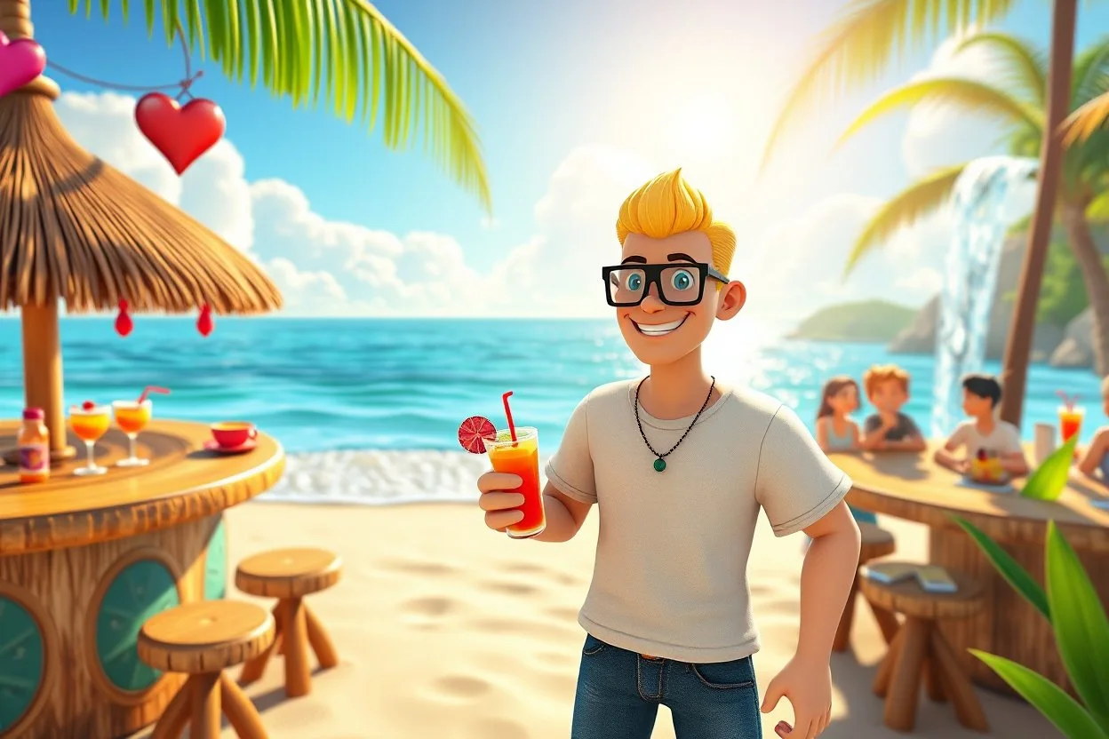 3D video game characters, a short blonde haired man wearing eyeglasses, t-shirts and jeans at the beach in sunshine, tiki bar, cocktails, hearts, waterfall, happiness