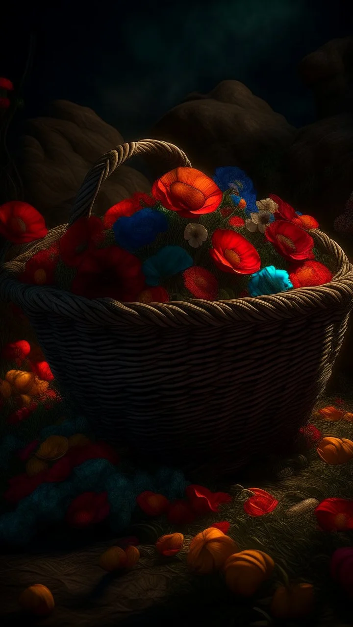 Bosch nightmares paining style Title:a basket full of colourful poppies , 8k artistic photography, photorealistic concept art, soft natural volumetric cinematic perfect light, chiaroscuro, award-winning photograph, masterpiece, oil on canvas, Raphael, Caravaggio, Greg Rutkowski, people, beksinski, Giger