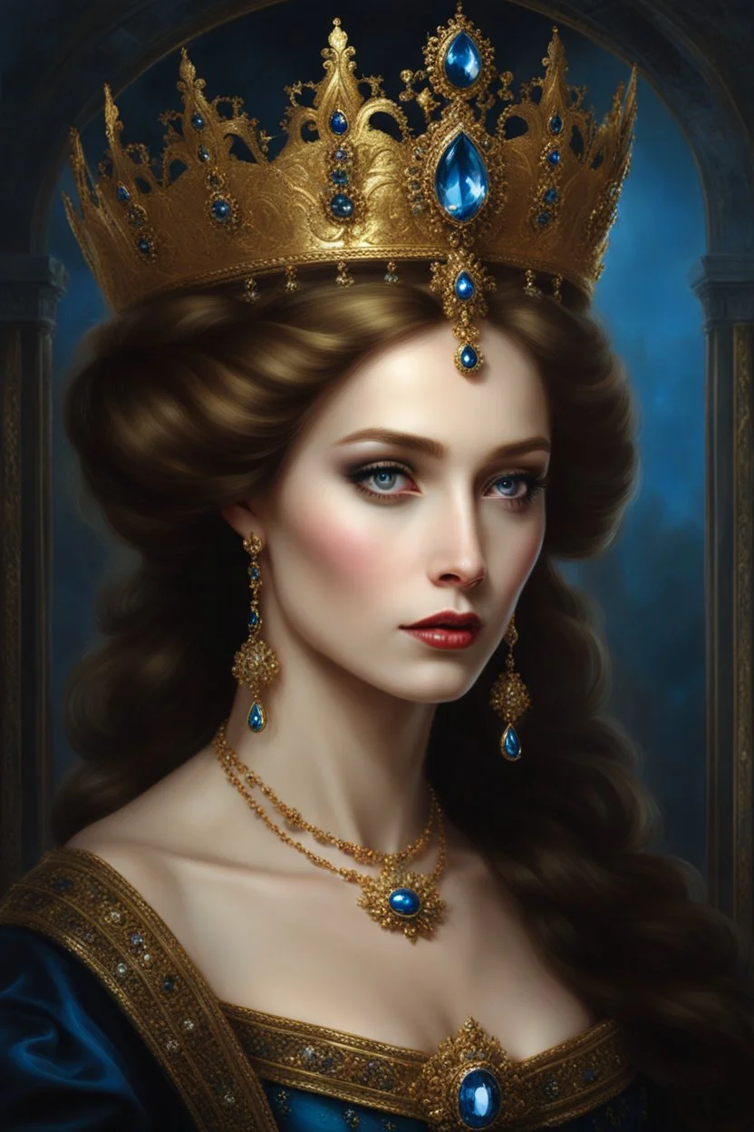 Gothic Gold framed painted portrait of a beautiful queen wearing a small tiara. her hair is long and light brown in colour and she has blue eyes, dark fantasy