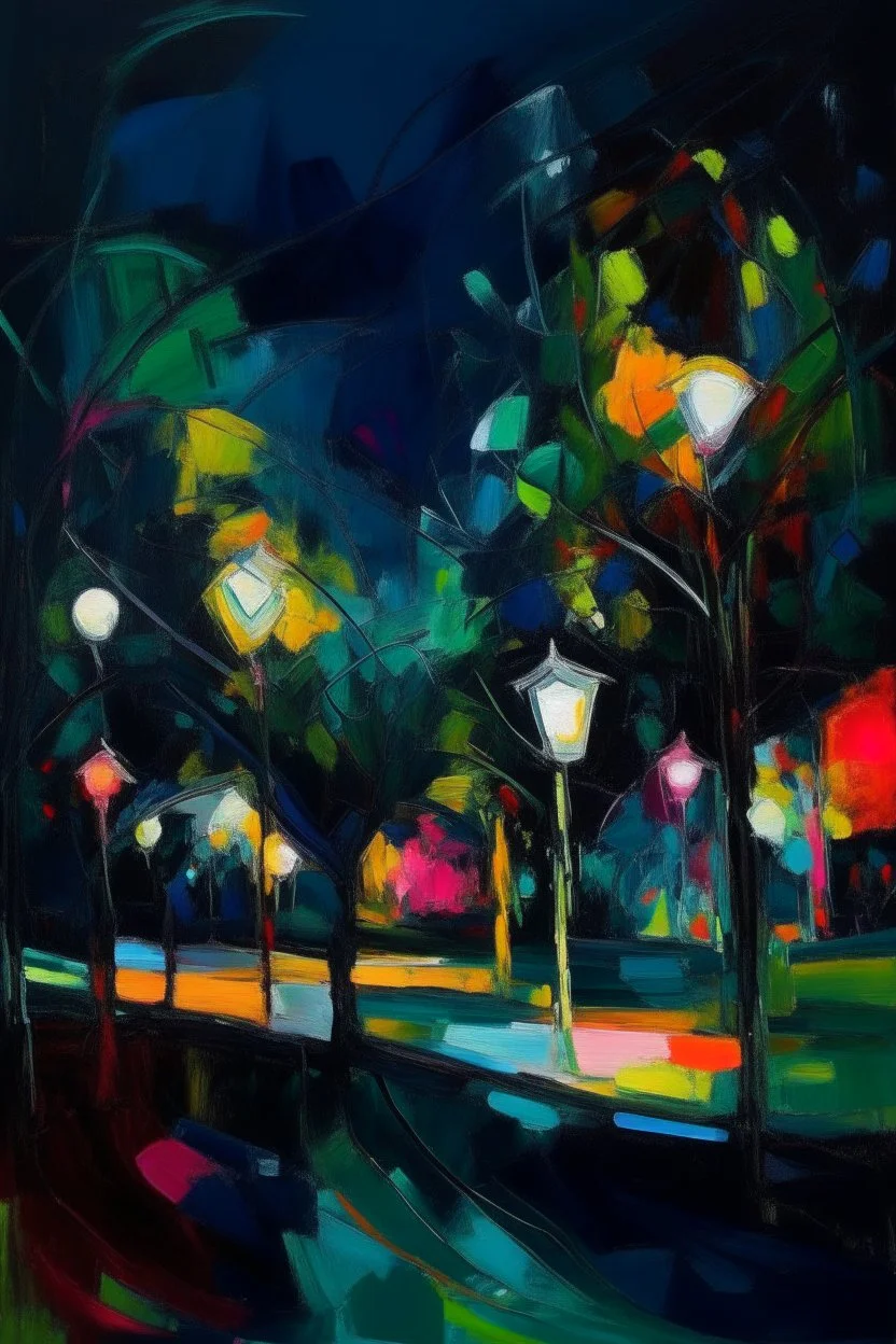 Night Park and Lamps in abstract expressionist painting in vivid colors, thick impasto brushstrokes, spontaneous drips and splatters, texture and movement, explore emotions and ideas through non-representational forms --v 5.2