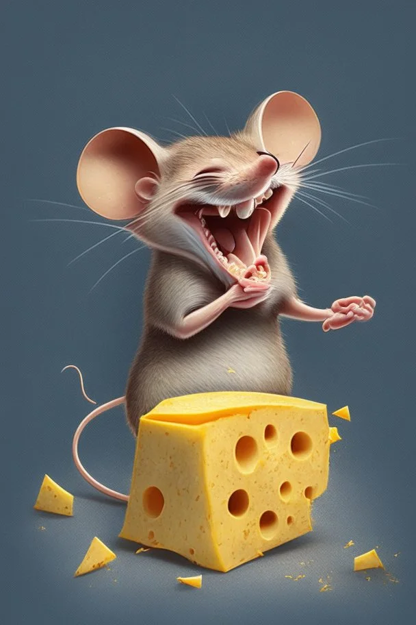 Design of a mouse eating cheese and laughing