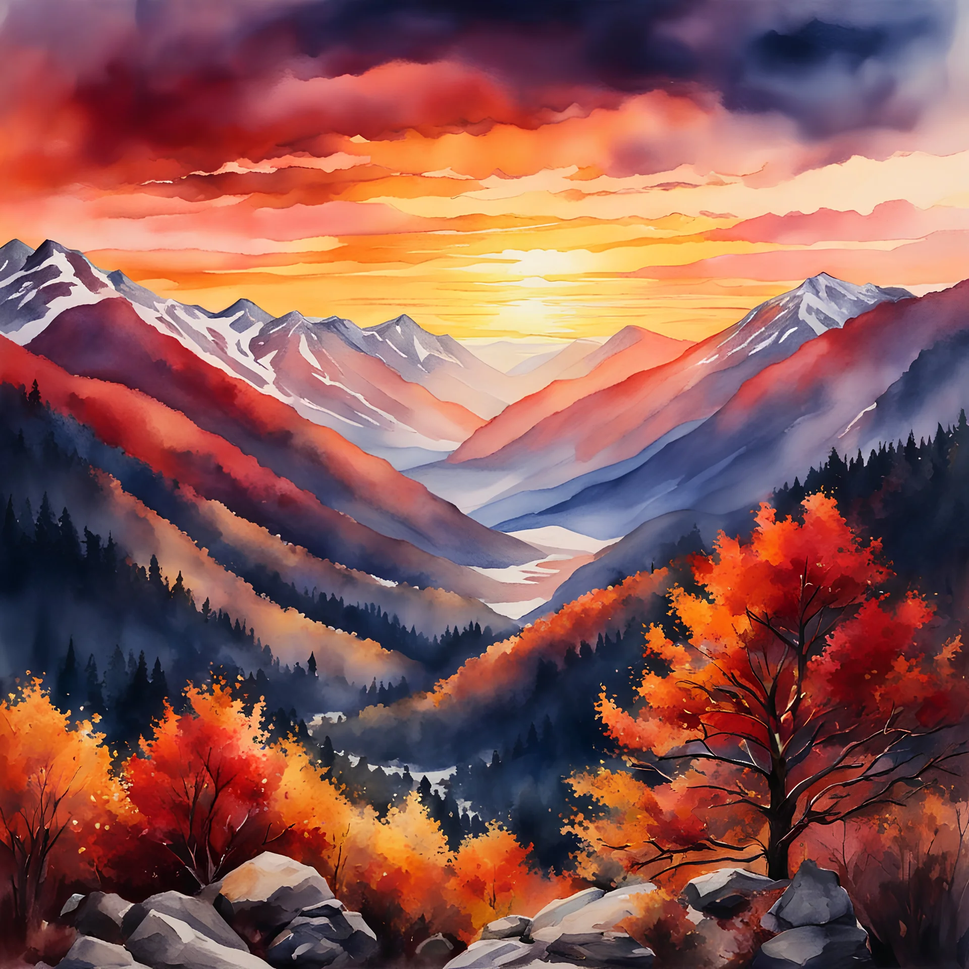 A dramatic watercolor rendering of a sunset over the mountains in late autumn, use radiant colors in red and orange hues, hyperrealism, vibrant colors, the image should evoke a feelings of serenity and peace