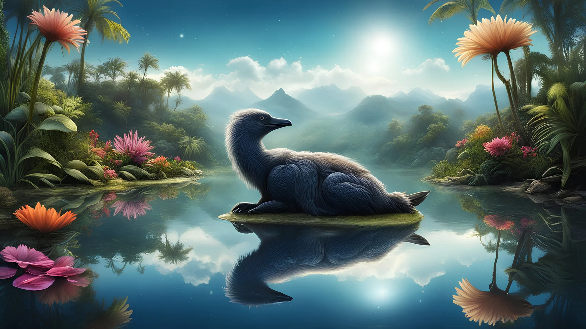 Mystical creature casting reflections in a glassy lake, surrounded by exotic flora under a fantastical, otherworldly sky, captured in a 32K photo-realistic style, dramatic lighting, ultra clear, ultra realistic., sticker, 2d cute, fantasy, dreamy, vector illustration, 2d flat, centered, by Tim Burton, professional, sleek, modern, minimalist, graphic, line art, vector graphics