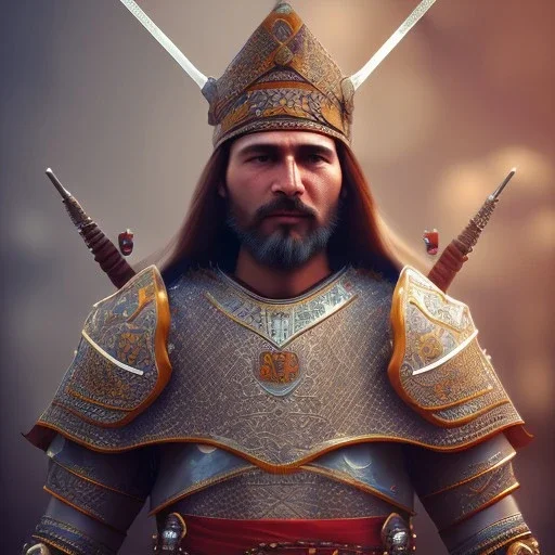 portrait of a warrior with ottoman man themed armour, extremely detailed, UHD, 8k,The close-up camera effect,sharp focus, perfect position,hyperphotorealistic, unreal engine 5, octane render