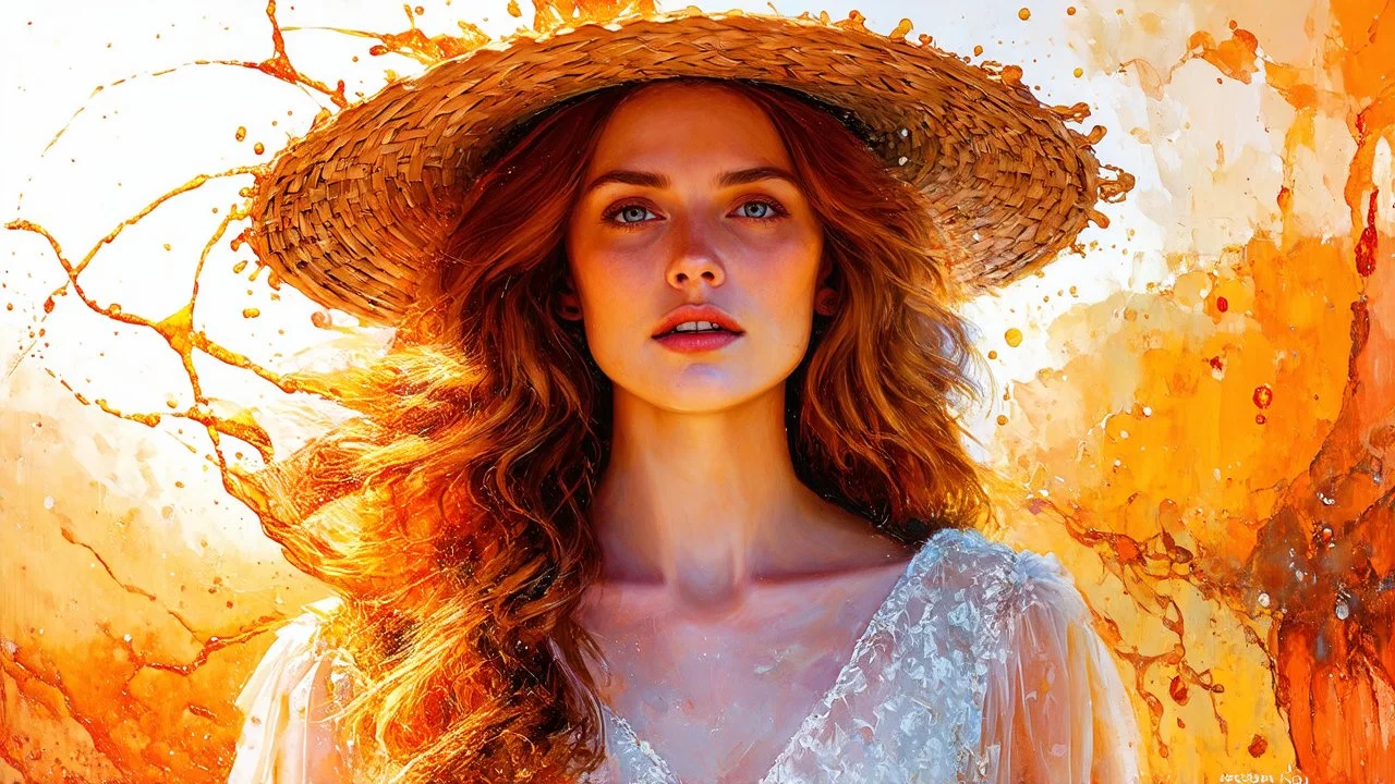 Vintage art, brown and orange shades, sunny day, straw hat for woman, summer dress, splashes of art, in the style of Dante Gabriel Rossetti, Yossi Kotler, Camilla D'Errico, masterpiece, fine art in the style of Carne Griffiths, Paula Hoppe