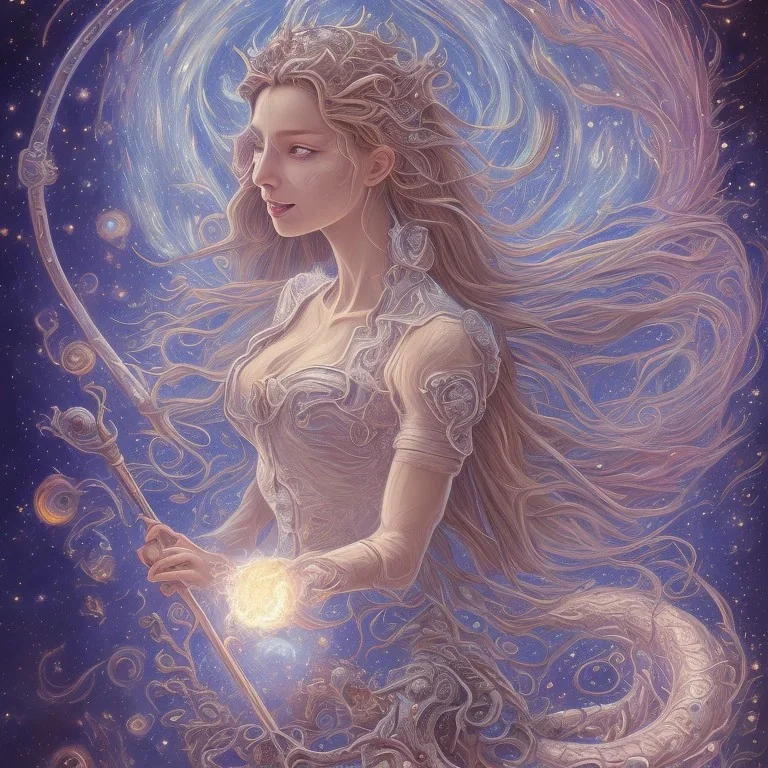 A smiling witch with a beautiful face and full and detailed details performing magic of water, fire, wind and earth with a wooden and crystal wand shining in various colors with a background of large and beautiful dragons flying in an azure sky, with Full details, Ismailoglu, Van Gogh, post-apocalyptic, fantasy, imaginary, 8K, 16K,