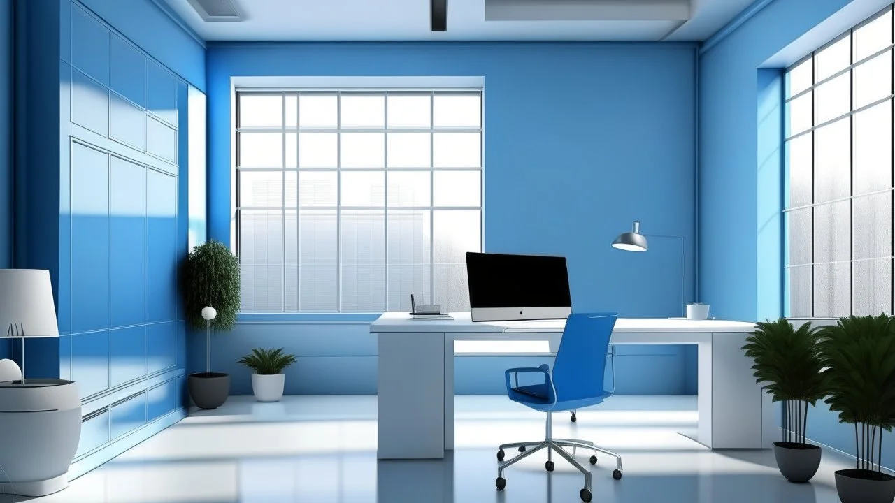 Create a sophisticated and minimalist Zoom background suitable for a professional software company office setting. Predominantly incorporate shades of blue and white for a polished and natural appearance.