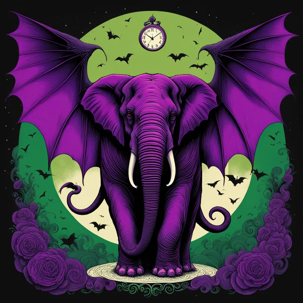 color Ink illustration by Phillipe Druilett, heavily inspired by the unsettling symbolism of Virgil Finday and Alexander Jansson, Demonic bat Winged Purple Elephant, wings coming from shoulders, large round clock embeded in the elephant's forehead, taken from a slight anglered and dark_green and black color scheme dominating the artwork, grim narrative, smooth illustration, chilling Eldritch motifs, UV reactive color slashes, textured surface, ominous representation, unsettling.