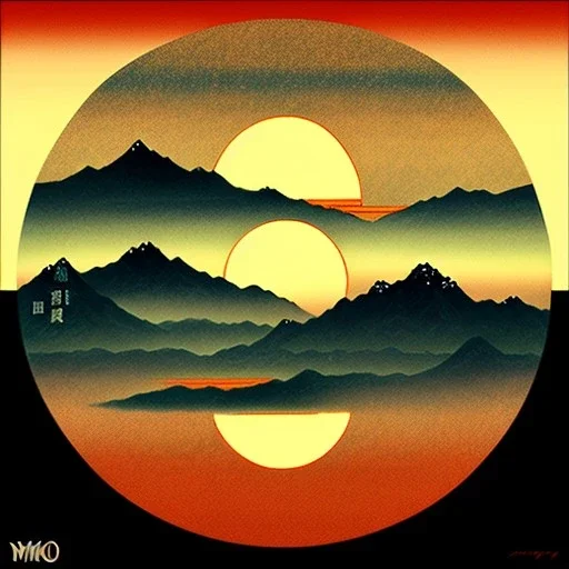 Ukiyo-e styled art, yin and yang sign, mountains and sun