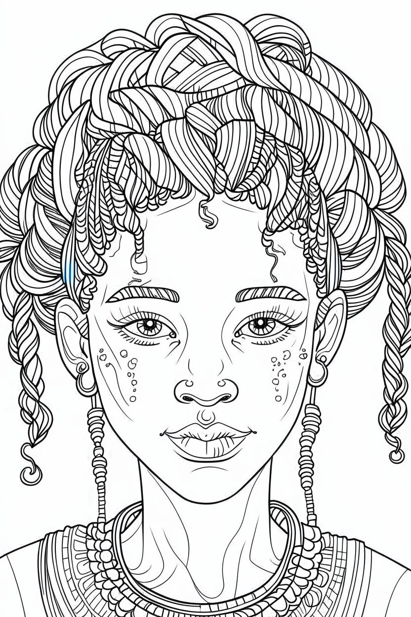 front position african girl face with beautiful hairstyle coloring page
