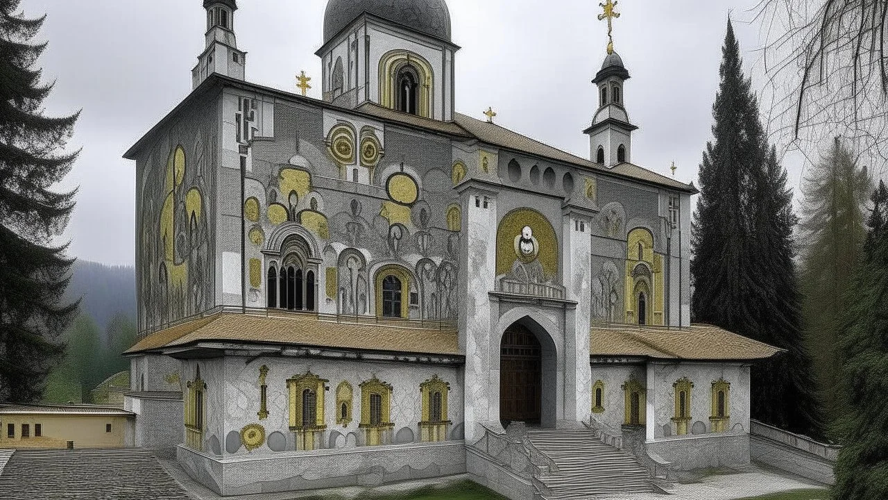 A gray monastery made out if steel painted by Gustav Klimt
