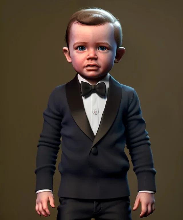 James bond toddler, full body, dramatic lighting, hyper realistic