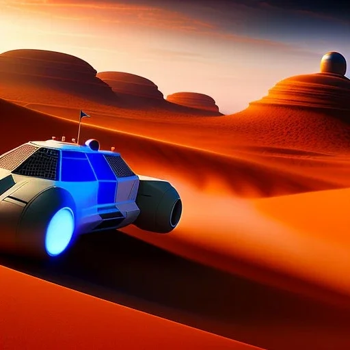 volumetric desert environment, Ralph McQuarrie style painting, hovercraft, highly detailed