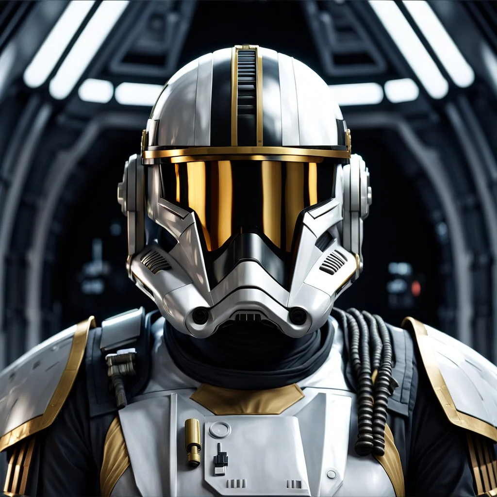 star wars bald male corellian pilot wearing gunmetal grey and black First Order TIE pilot armored special forces flightsuit and helmet with gold trim inside the jedi temple, centered head and shoulders portrait, hyperdetailed, dynamic lighting, hyperdetailed background, 8k resolution, volumetric lighting, light skin, fully symmetric details