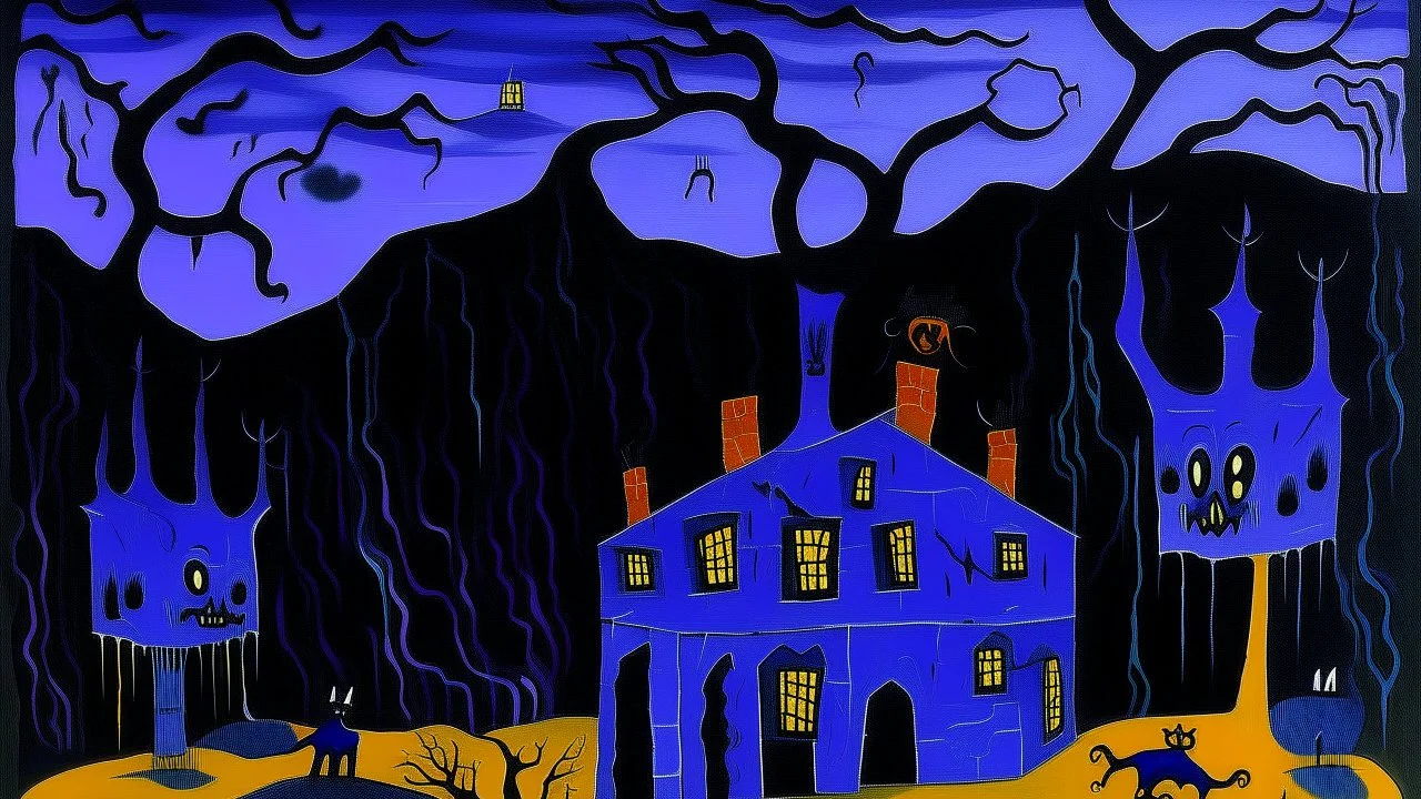 A dark purple haunted mansion with ghosts in a thunderstorm designed in Lascaux cave paintings painted by Paul Klee