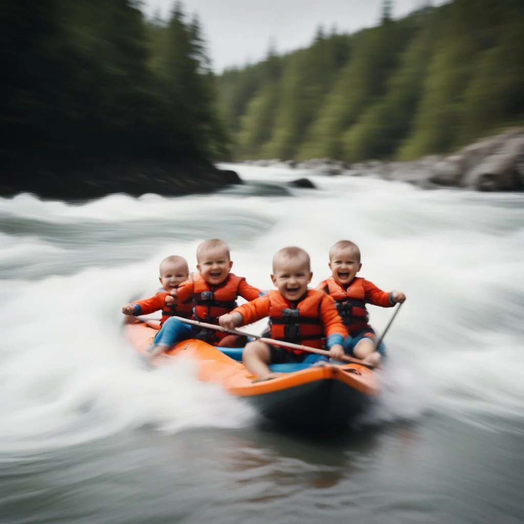 phone camera found footage screen capture, static filled low resolution image, low picture quality, slightly blurry kinetic grainy photograph from the shore of three happy babies wearing life preserver jackets alone in a kayak flying down river in furious rapids, slight motion blur, low contrast, high film grain