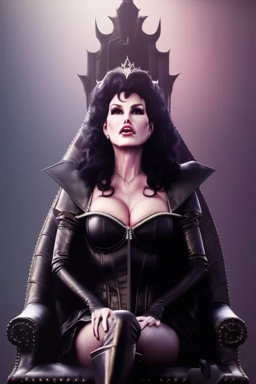 painting of lisa ann as evil queen in black leather, sitting on a throne, leather, angry, stern look, volumetric lighting, particales,highly detailed,cinematic, deep colours,8, highly detailed, digital painting, artstation, concept art, smooth, sharp focus,