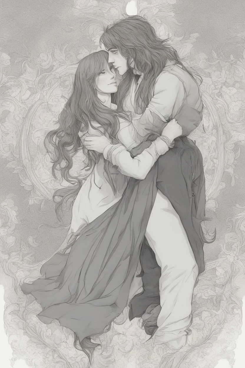 Dnd style, Young man hugging a woman with long hair from behind